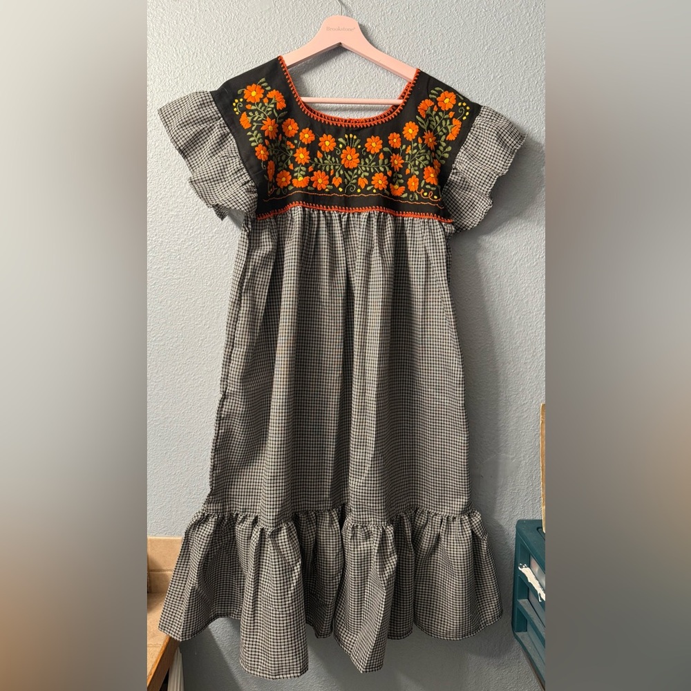 Mexican Floral Embroidered Black and White woman Dress